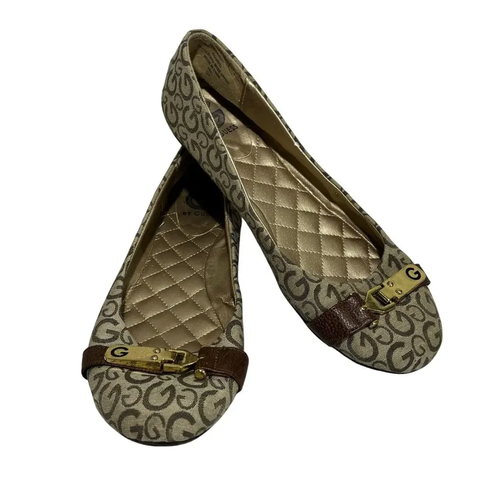 Guess flats ladies slip on casual shoes tan brown logo canvas gold buckle 9.5M